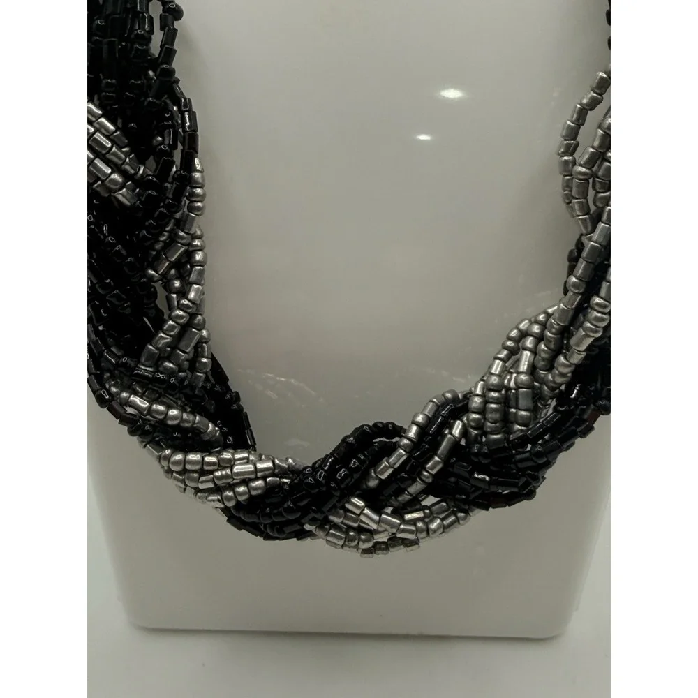 Black‎ Silver Seed Bead Necklace Braided Silver Tone 17-20